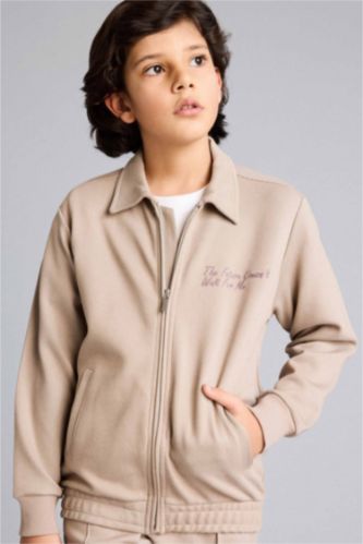 Мальчики и подростки Оливково-коричневый Кардиган с надписью и воротником поло для мальчиков