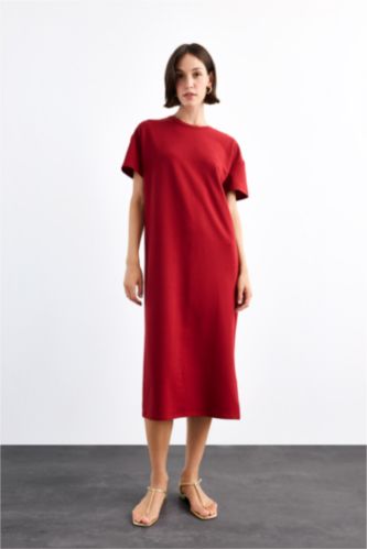 Bisiklet Yaka Basic Düz Kısa Kollu Midi Elbise