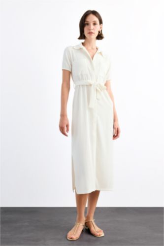 Gömlek Yaka Kemerli Kısa Kollu Midi Elbise 