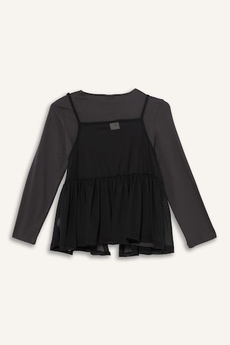 Loose Fit Bisiklet Yaka Baskılı Uzun Kollu Tişört Kız Çocuk