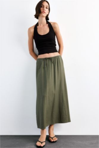 Relax Fit Beli Lastikli Krinkıl Kumaş Midi Etek