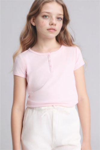Девочки и подростки Светло-розовый Футболка Slim Fit в рубчик с круглым вырезом и коротким рукавом для девочек