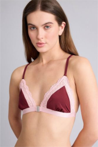 Woman Bordeaux Lace Detail Satin Bra