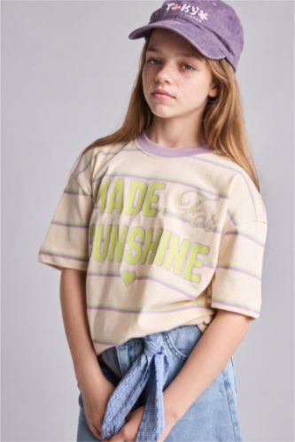 Girls & Teens Green Girl Slim Fit Crew Neck Striped Short Sleeve T-Shirt
