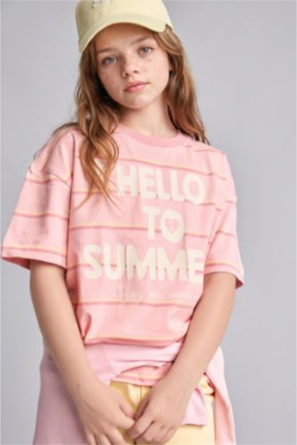 Young Girls - Teen Girls Light Pink Slim Fit Striped Short Sleeve T-Shirt