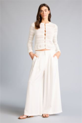 حريمي أبيض بنطلون فيسكوز كولوت فيت شارلستون بجيب وخصر عالي