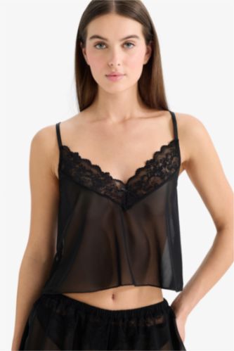 WOMAN Black Regular Fit Strappy with Lace Tulle Top