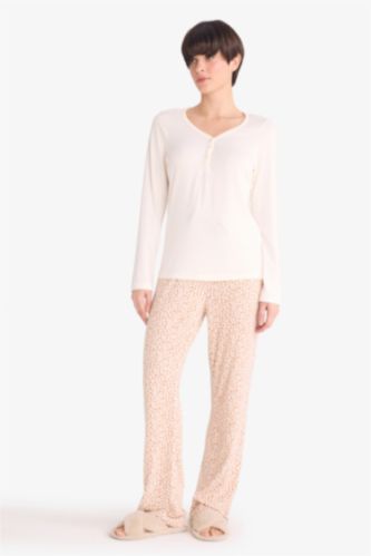 Pijama Takımı Regular Fit Uzun Kollu Üst Desenli Uzun Alt-Fall in Love