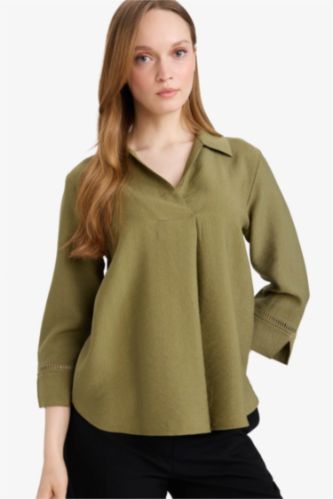 Woman Khaki Regular Fit Crew Neck Long Sleeve Blouse