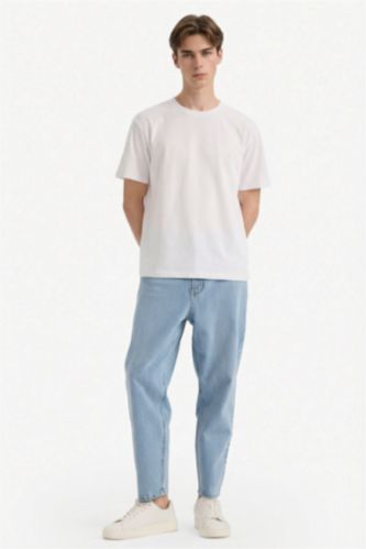 Man Light Blue Balloon Fit Wide Leg Denim Trousers