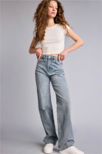 Kadın Mavi 90's Wıde Leg Yüksek Bel Uzun Jean Yıkamalı Pantolon