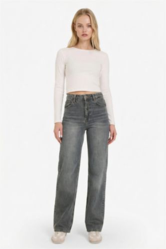 90's Wide Leg Yüksek Bel Uzun Jean Yıkamalı Pantolon