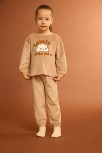 Kız Bebek Pijama Takımı Bulut Baskılı Uzun Kollu Welsoft Pelüş Üst Uzun Alt