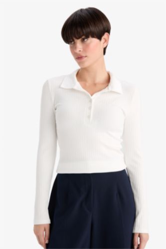 Slim Fit Dar Kesim Polo Yaka Basic Düz Fitilli Kaşkorse Uzun Kollu Tişört