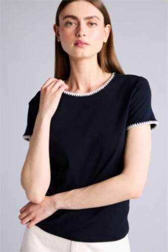 نساء كحلي Slim Fit Ribana Short Sleeve T-Shirt