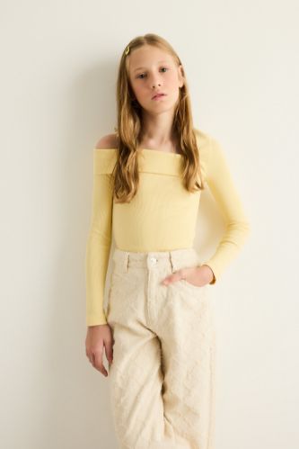 Kız Çocuk Slim Fit Dar Kesim Fitilli Kaşkorse Uzun Kollu Tişört