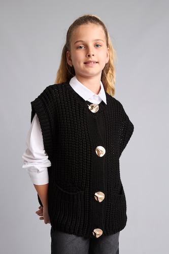 Girls & Teens Black يلك صوف قصة عادية بياقة مستديرة