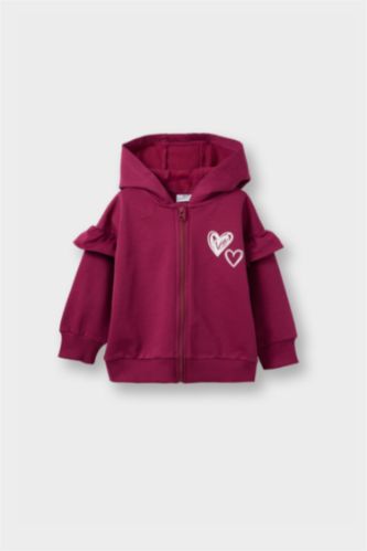 Kız Bebek Kalp Desenli Kapüşonlu Fermuarlı Sweatshirt