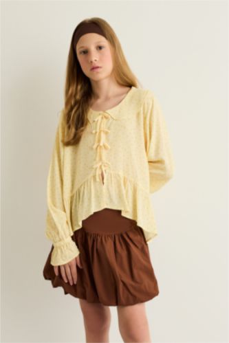 بلوزة بناتي ردن طويل قصة عادية برباط من الأمام