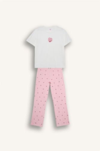 Pijama Takımı Regular Fit Baskılı Kısa Kollu Üst Desenli Uzun Alt