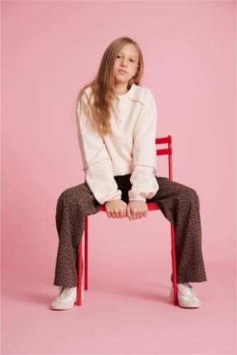 Oversize Geniş Kalıp Bisiklet Yaka Düğmeli Sweatshirt Kız Çocuk