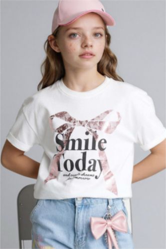 FILLES Écru T-shirt à manches courtes Slogan Col rond Fille