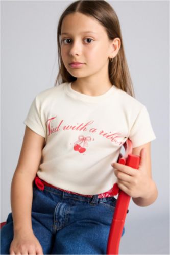 Young Girls - Teen Girls Ecru Slim Fit Floral Short Sleeve T-Shirt