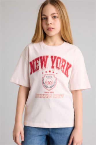 Девочки и подростки Светло-розовый Футболка оверсайз с круглым вырезом принтом-слоганом и коротким рукавом для девочек