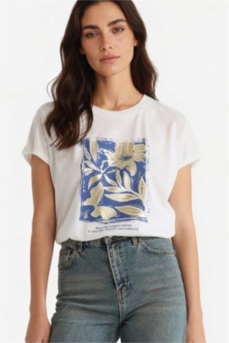 WOMAN Ecru Crew Neck Floral Short Sleeve T-Shirt