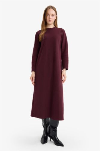 Regular Fit Bisiklet Yaka Uzun Kollu Kemerli Maxi Elbise