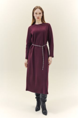 Regular Fit Bisiklet Yaka Uzun Kollu Kemerli Maxi Elbise