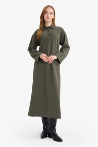Regular Fit Polo Yaka Uzun Kollu Maxi Elbise