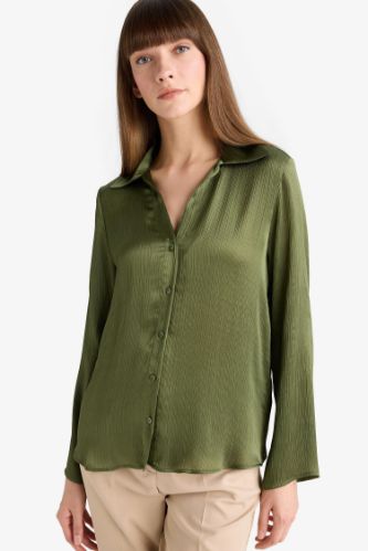 Regular Fit Shirt Collar Satin Long Sleeve Shirt