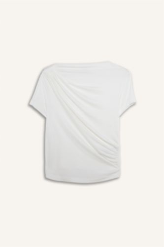 Женщины Бежевый Футболка Slim Fit с вырезом качели и коротким рукавом