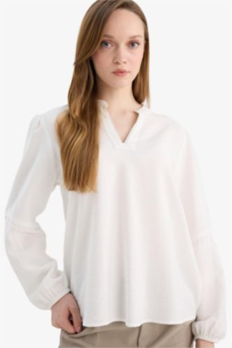 Женщины Бежевый Блузка с длинным рукавом стандартного кроя из хлопка для женщин