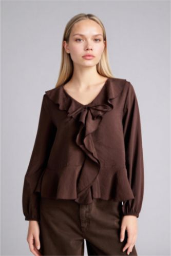 WOMAN Brown Regular Fit V-Neck Long Sleeve Blouse