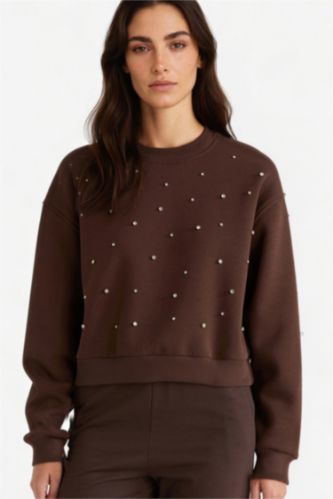 Kadın Kahve Boxy Fit Bisiklet Yaka İşlemeli Sweatshirt