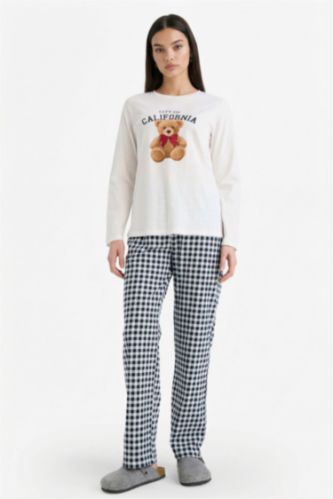 Pijama Takımı Regular Fit Ayıcık Baskılı Uzun Kollu Üst Kareli Uzun Alt