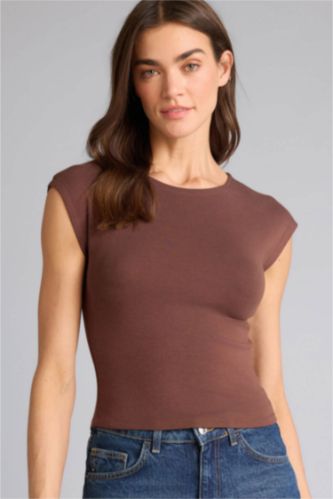 Женщины Коричневый Базовая однотонная футболка Slim Fit из модала с круглым вырезом и коротким рукавом