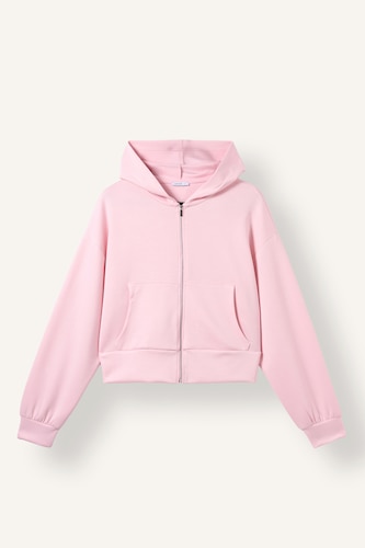 Kadın Açık Pembe Loose Fıt Kapüşonlu Modal Hırka