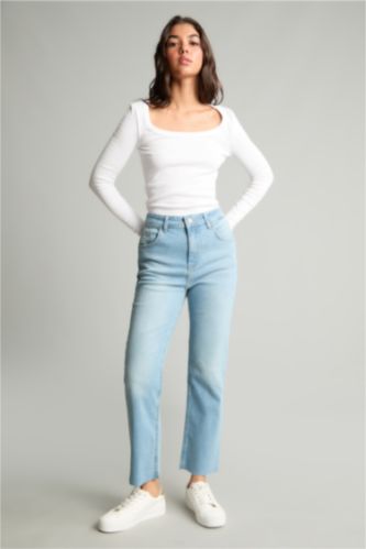 Kadın Mavi Yüksek Bel Bilek Boyu Crop Kesim Jean Pantolon