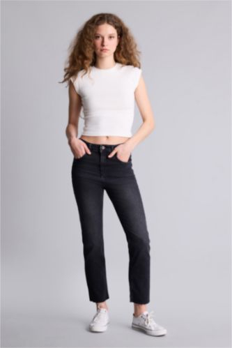 Kadın Antrasit Crop Flare Fıt Yüksek Bel Jean Yıkamalı Pantolon