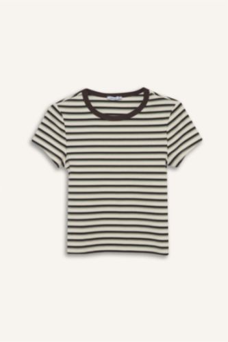 Kadın Kırık Beyaz Fıtted Bisiklet Yaka Ribana Kısa Kollu Tişört