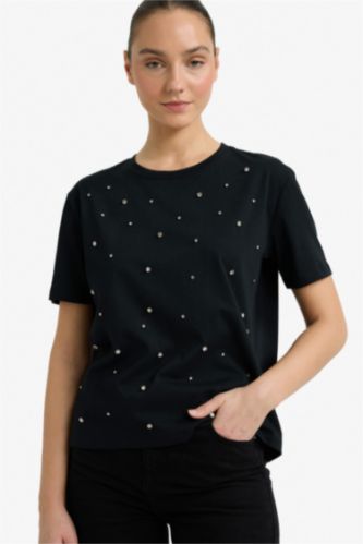 Regular Fit дөңгелек жағалы кестелі трикотаж қысқа жеңді футболка