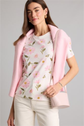 Женщины Бежевый Трикотажная футболка Regular Fit с круглым вырезом цветочным принтом и коротким рукавом