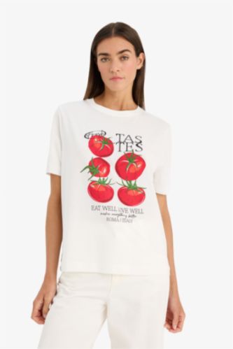 Женщины Бежевый Трикотажная футболка Relax Fit с круглым вырезом коротким рукавом и фруктовым принтом