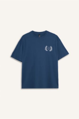 Женщины Индиго Футболка оверсайз с круглым вырезом принтом и коротким рукавом