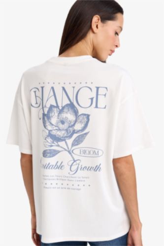 Женщины Бежевый Футболка оверсайз с цветочным узором круглым вырезом и коротким рукавом