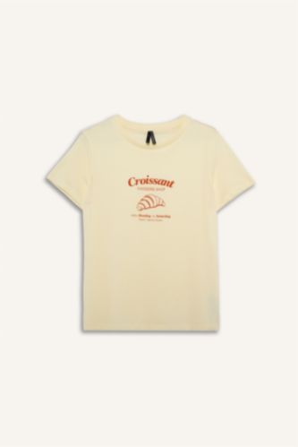 Женщины Светло-желтый Трикотажная футболка Regular Fit с круглым вырезом коротким рукавом и принтом-слоганом