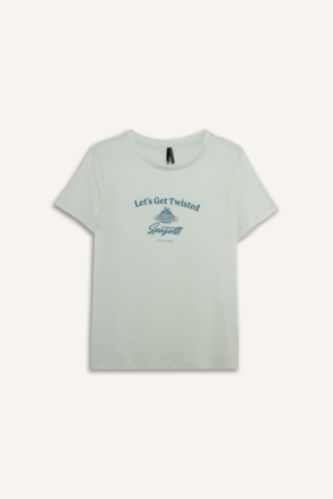 Женщины Светло-мятный Трикотажная футболка Regular Fit с круглым вырезом коротким рукавом и принтом-слоганом